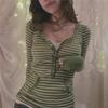 Y2k T Shirts for Women Vintage Striped Button V Neck Long Sleeve Tops with Pocket 2000s Fairy Grunge Clothes Streetwear