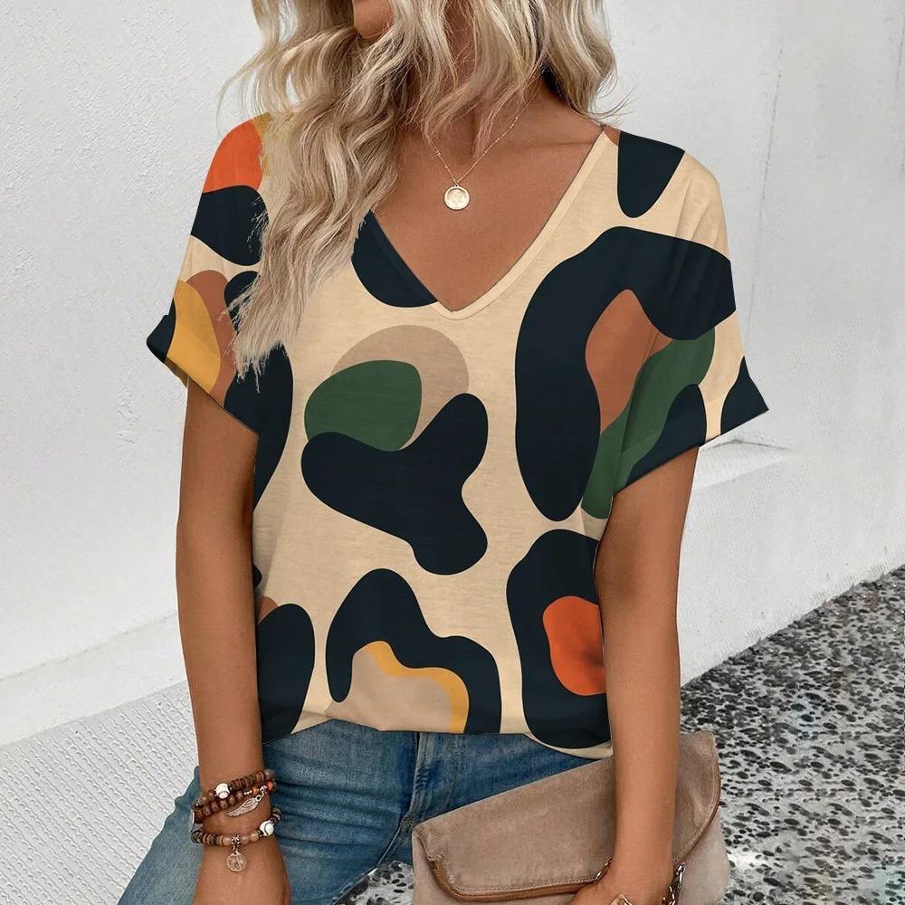 Damski letni T-shirt 3D z dekoltem w serek, modny, z krótkim rękawem, z zabawnym wzorem owocowym, cienki, luźny, casualowy, duży, oddychający, wkładany przez głowę