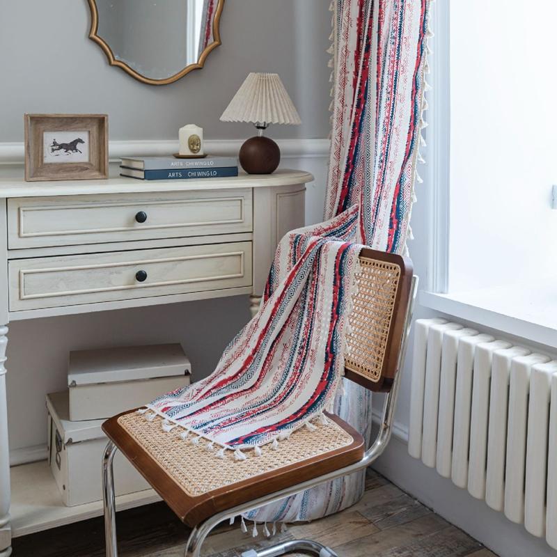 Curtains Finished Striped Print Fringe Small Window Dining Room Valance Cotton Linen Semi-blackout Living Room Bedroom Balcony