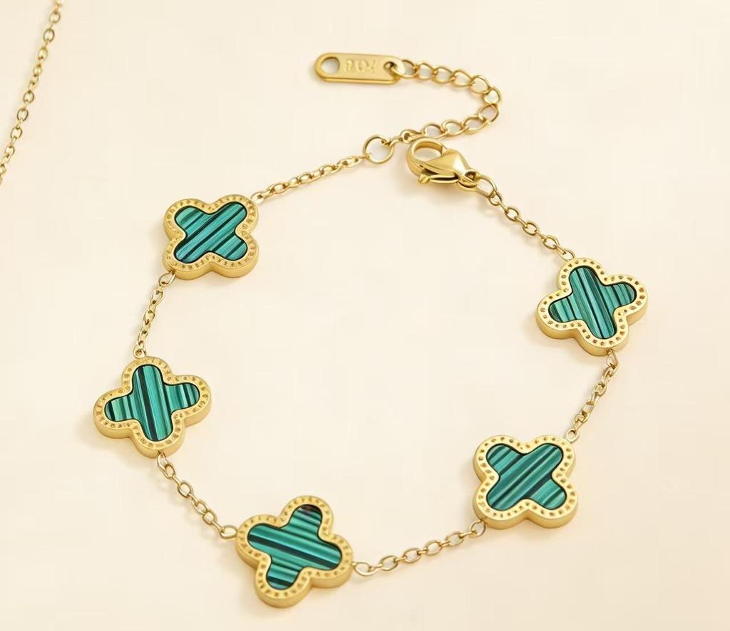 Zestaw biżuterii ze stali tytanowej w kształcie czterolistnej koniczyny z masą perłową: Naszyjnik, Bransoletka i Kolczyki - Damska Moda Prosty Luksusowy Design.