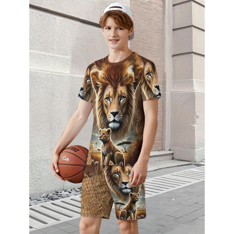 Men s Loose Fit Safari Suit: Golden Lion & Cub Pattern on Chest & Leg. Elastic Waist Shorts for Travel, Lounge & Relaxed Gathering S