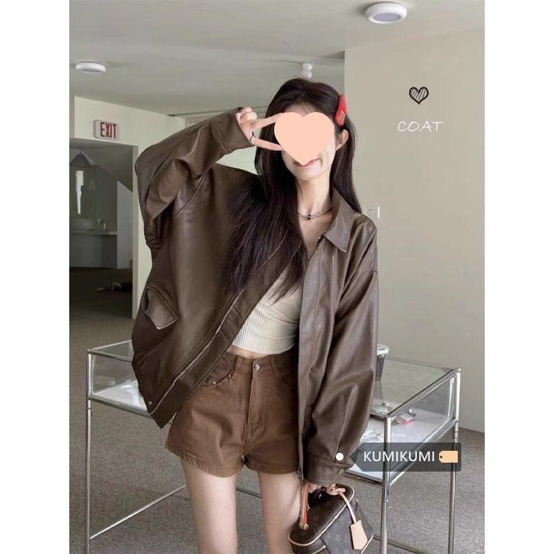 

Retro Coffee Leather Women s Motorcycle Jacket - Sweet & Cool Black PU Leather, Loose Street Style Spring Coat 2025 S кавовий
