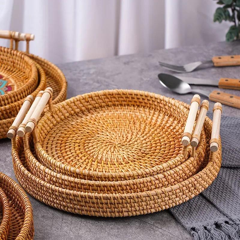 Handmade Rattan Tray Double Ear Tea Fruit Serving Tray, Bread Snack Storage Woven Basket, Insulated Art Decoration Home Decor