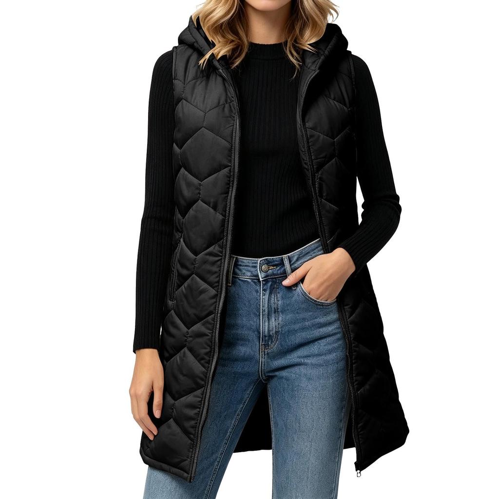 Women's Casual Long Hooded Sleeveless Padded Vest