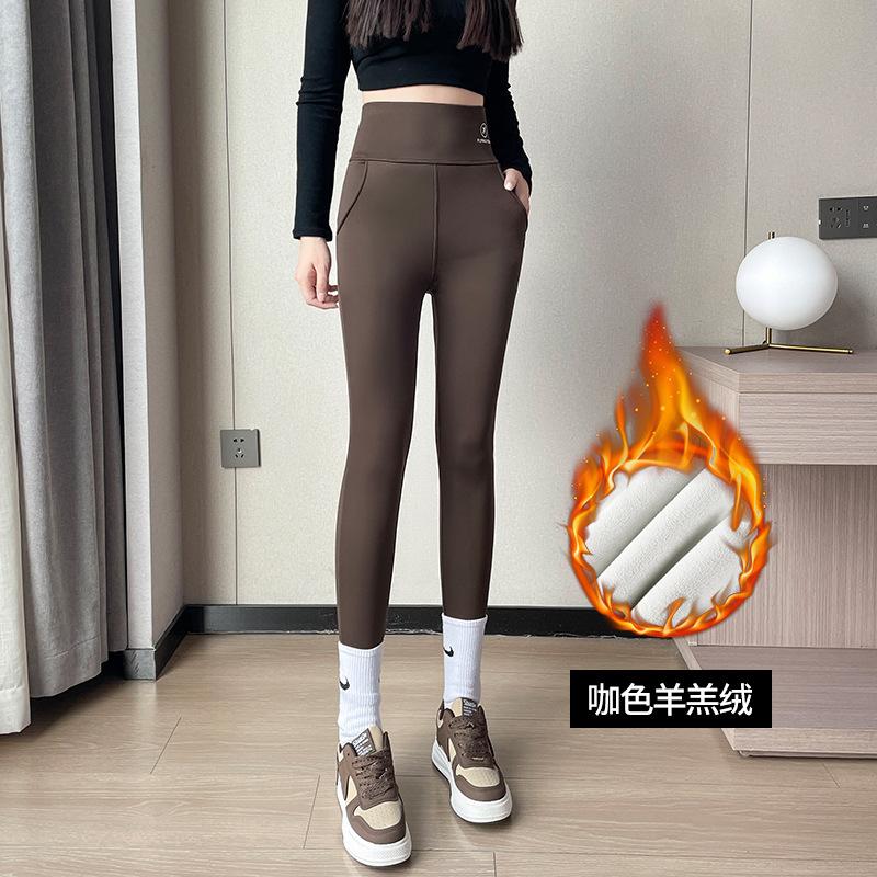 Pocket Shark Pants Women's Wear Thin Velvet High Waist Tight Abdomen, Hip Lift, Velvet Thickened Bottoming Barbie Pants Autumn and Winter