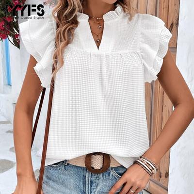 Women's Fashion Casual Summer Spring Solid Color Print Short Sleeve V-Neck Blouses & Shirts