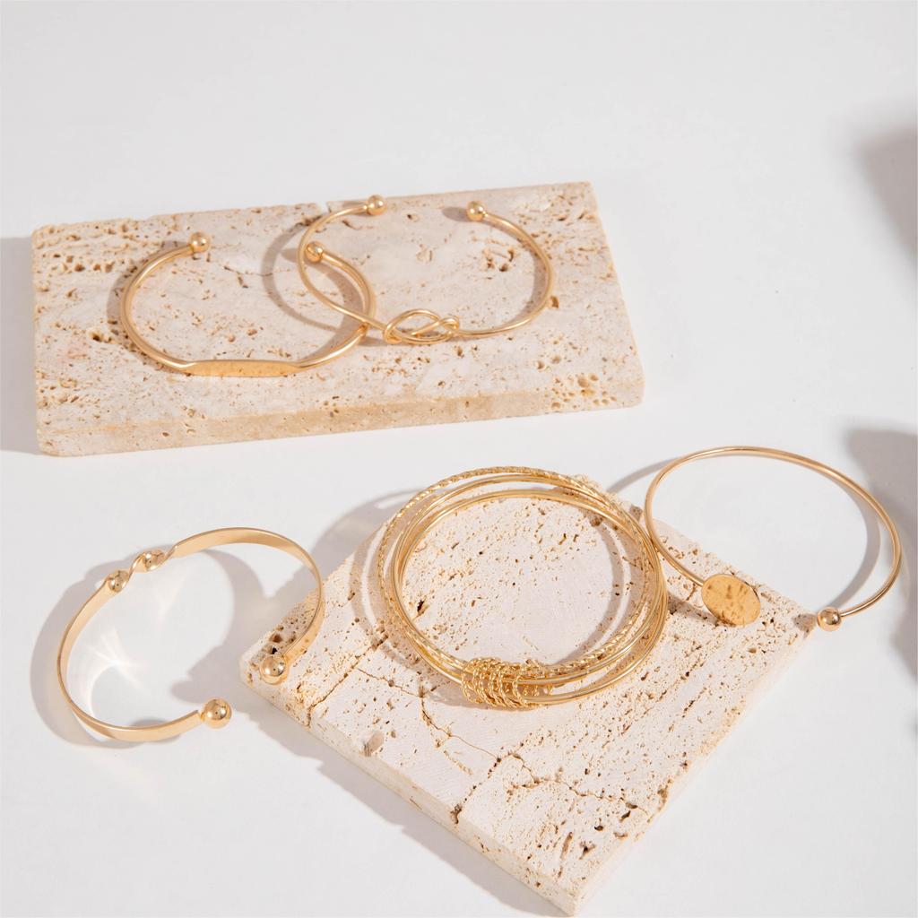 5pcs/set Glossy Alloy Bangle, Minimalist Geometric Round Retro Trendy Knotted Open Cuff Bracelet Set For Women
