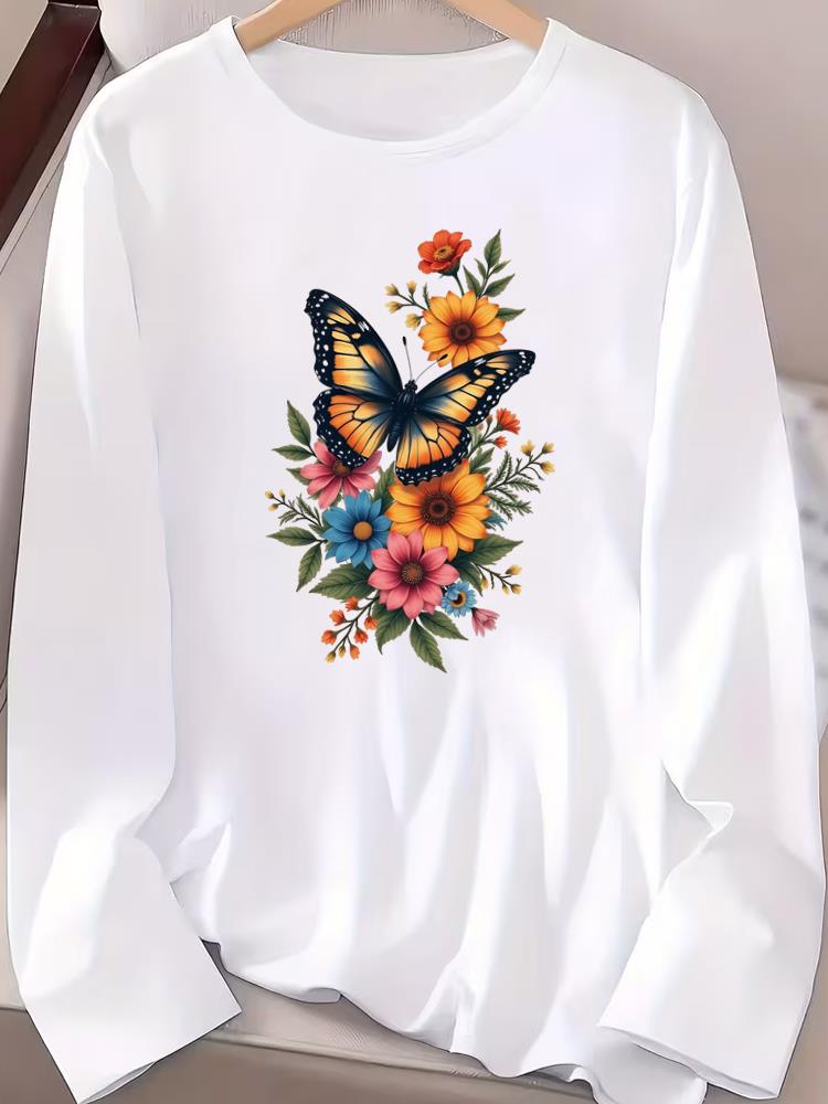 (Asian Size) butterfly style Long Sleeve T-shirts Casual Clothing Women o-neck Print T Shirt autumn winter spring Fashion Top Graphic Tee