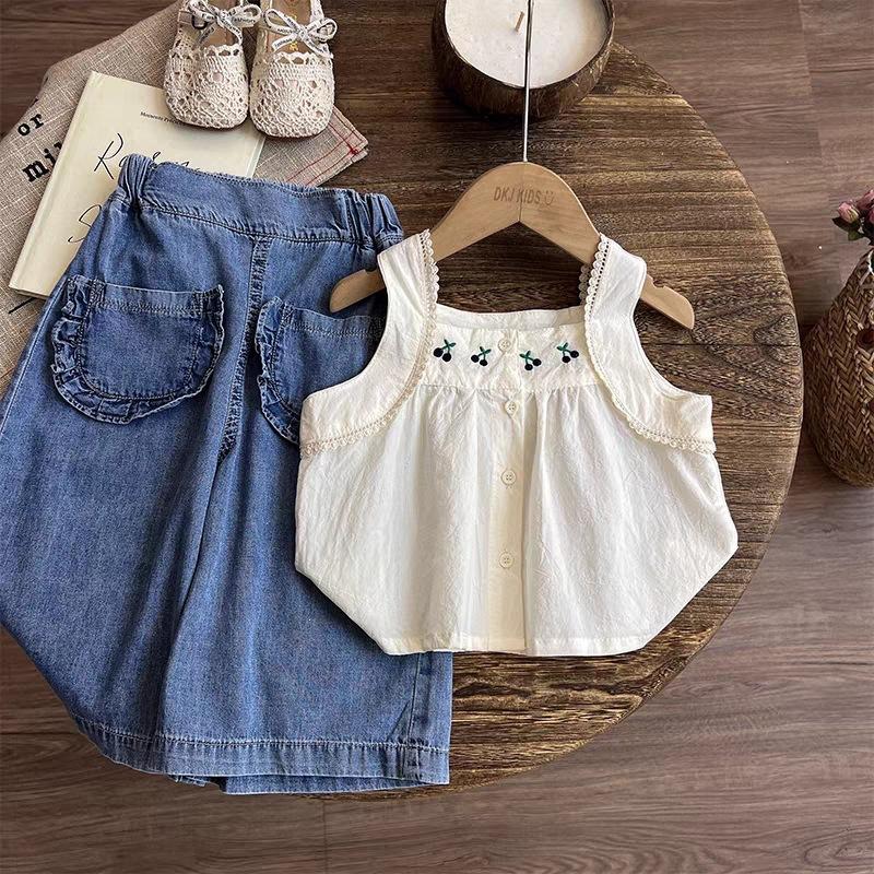 Girls Summer Embroidered Tank Top with High Waist Wide Leg Denim Pants Set 100