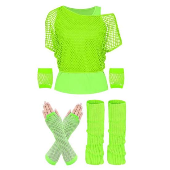 Damen 80er 90er Neon Party Outfit Sexy Netz-Einteiler mit einer Schulter T-Shirt Handschuhe Bündchen Beinwärmer für Mottoparty Karneval Kostüm