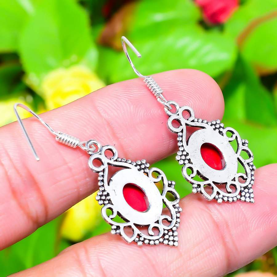 Italian Red Coral Gemstone 925 Sterling Silver Gift Jewelry Earring 1.69"
