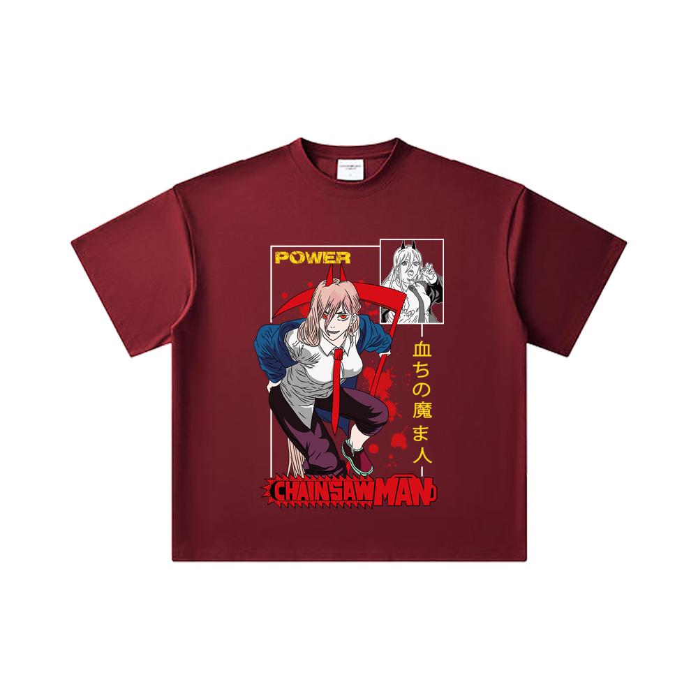 

260 GSM Double Yarn 32 Count 100% Cotton Chainsaw Man V40 Power Print Unisex Heavy Cotton T Shirt 2XL вина червоного кольору
