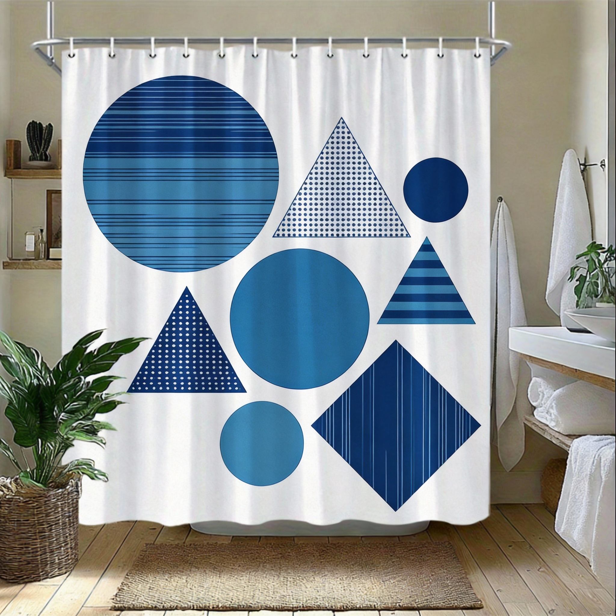 

Minimalist Fish Shower Curtain 180x180cm – Stylized Blue Geometric Pattern, Abstract Bathroom Decor, 12 Hooks 90X180cm(35x70in)