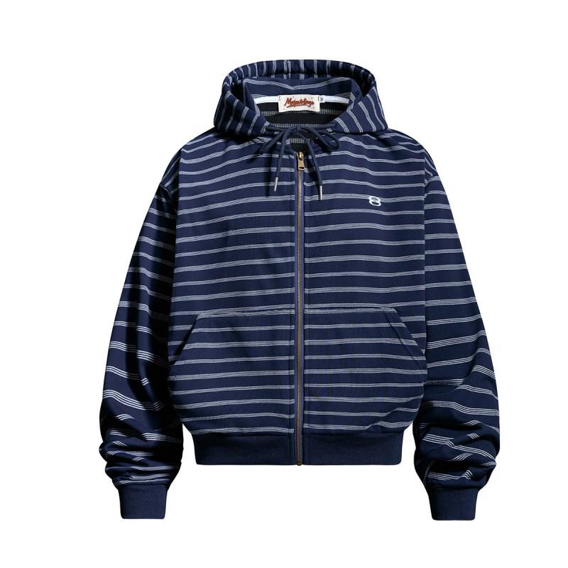 Mens Winter Striped Hooded Zip-Up Sweatshirt Loose Fit Streetwear Retro American Style