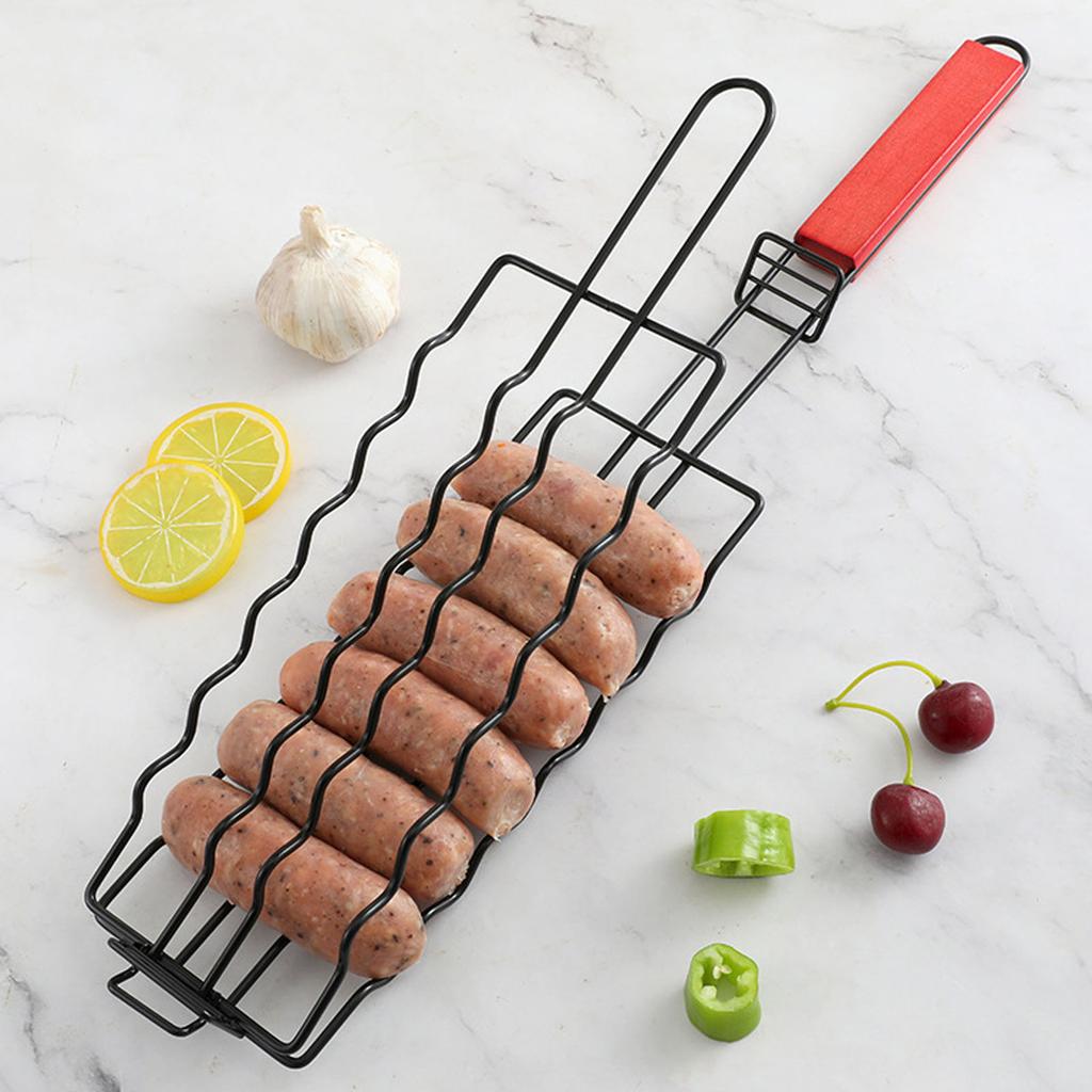 Hot Dog Holder for Grilling Iron Multifunctional BBQ Sau Grill Rack with Wooden Handle for Mt Vegetables