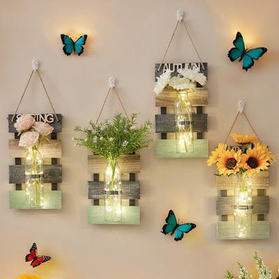Seasonal Rustic Wooden Wall Hanging Vases Set Four Seasons Decorative Wall Mounted Flower Holders Farmhouse Style for Home Decor
