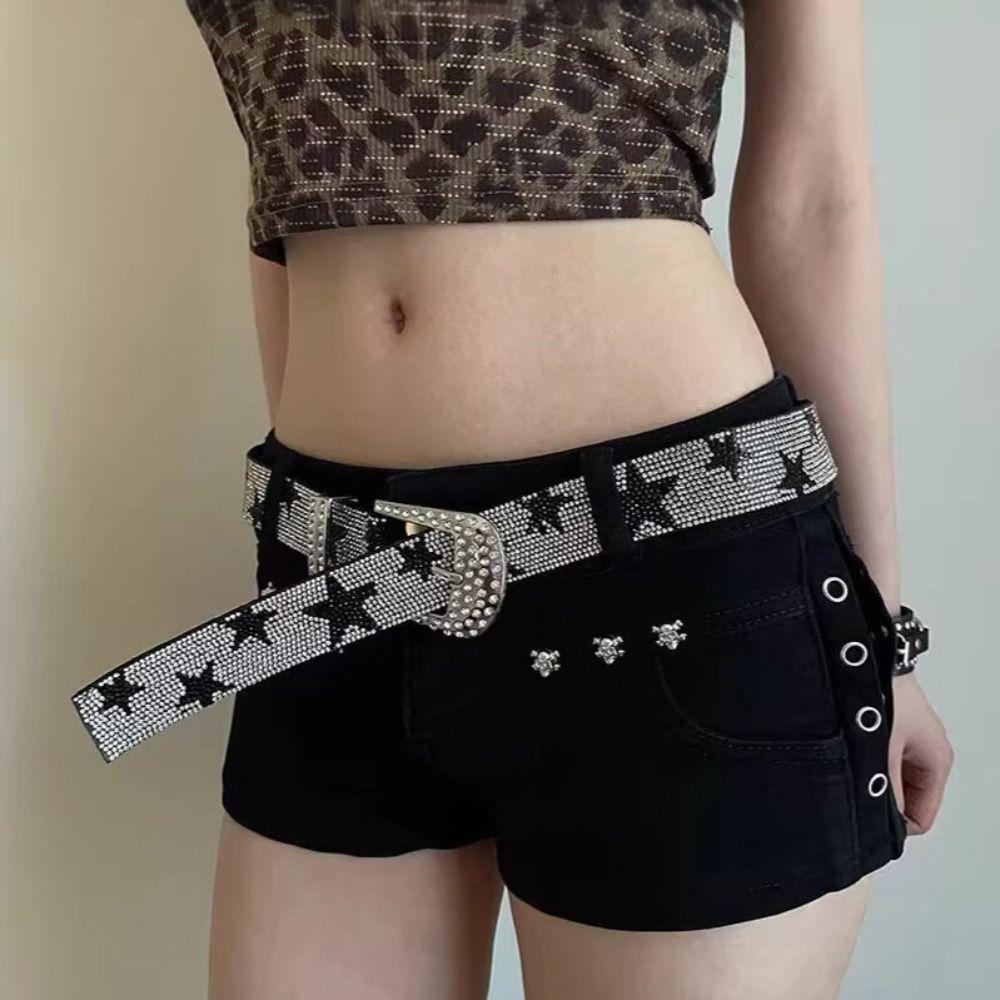 Vintage Sparkling Rhinestone Belt PU Leather Waist Strap Fashion Trendy Waistband  For Women