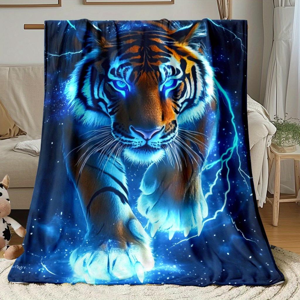 1pc Blue Lightning Tiger Portable Blanket | Lightweight Throw for Sofa Bed Travel Camping, Livingroom Office Couch Chair, and Bed - Digital