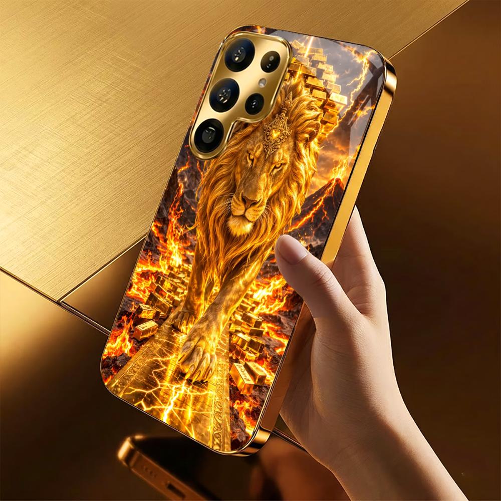 Gold King Lions High-end PhoneCase Electroplated Glass PhoneCase for Samsung Galaxy S26 S25 S24 S23 S22 S21 FE,Ultra,Plus