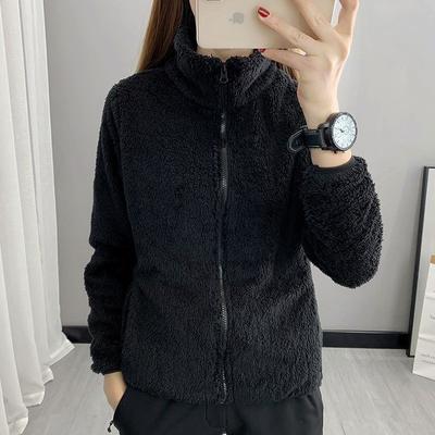 Fleece Jacket Women's Double-sided Fleece Short Top Thermal Stand-up Neck Cardigan Plush Zipper Jacket Sweater Women