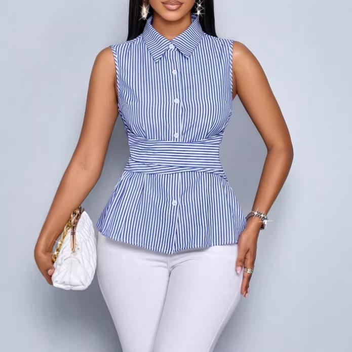 Women S Striped Sleeveless Shirt Tie Waist Slim Blouse S синий