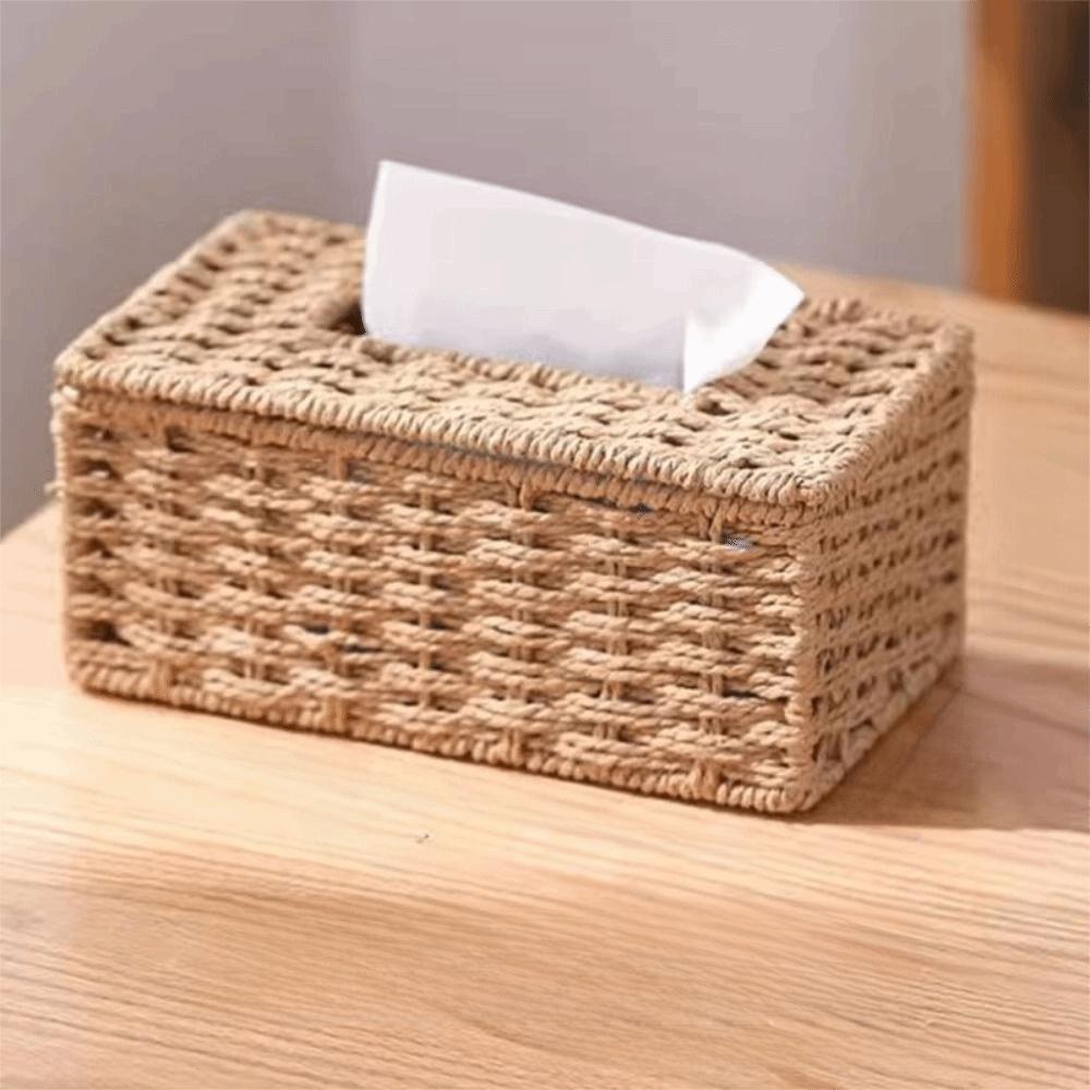 Large Capacity Woven Tissue Box Handmade Tissue Paper Container Desktop Napkin Dispenser Office