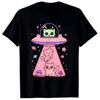 Gato Fofo Engraçado Gatinho Kawaii Espaço Rosa Nave Espacial Alienígena Camiseta Humor Desenho Animado Gatinho Y2k Roupa Gráfica Novidade Presente Camiseta Tops