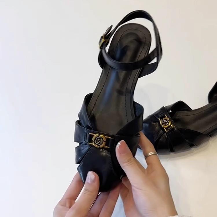 Sheepskin Version~ New Hollow Soft Leather One-word Sandals Women's Round Head Versatile Retro Camellia Shoes