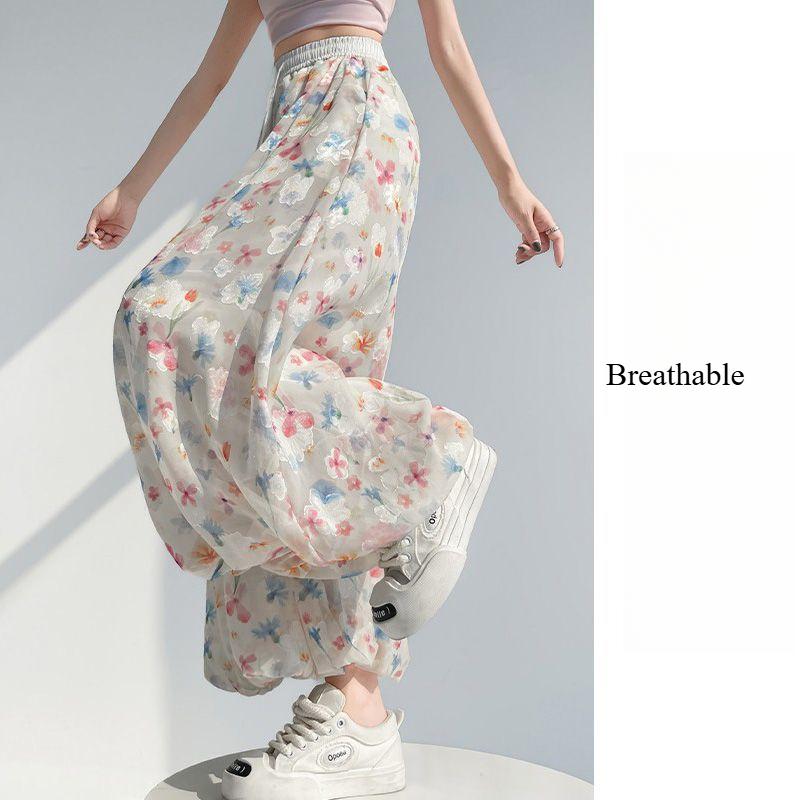 Colorful Floral Puff Wide-Leg Pants for Women | Summer Thin High-Waist Straight Lantern Pant Skirt Petite-Friendly Flowy Chiffon Pants