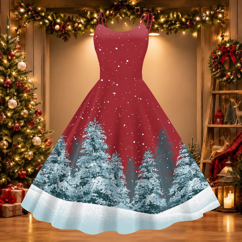 Women's Casual Christmas Print Neck Vintage Dress for Holiday Celebrations