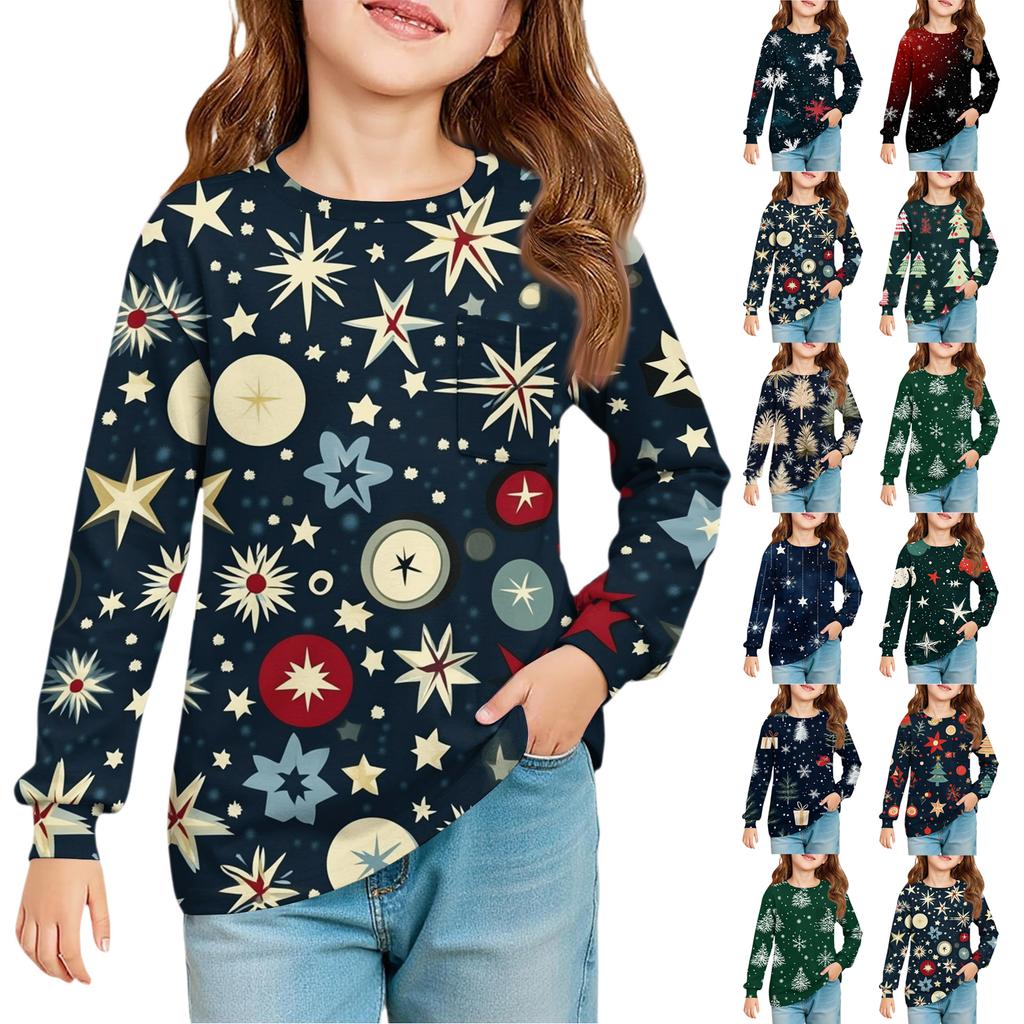 Christmas Day Girls' Long Sleeve Blouse - Round Neck Soft Waist Tunic
