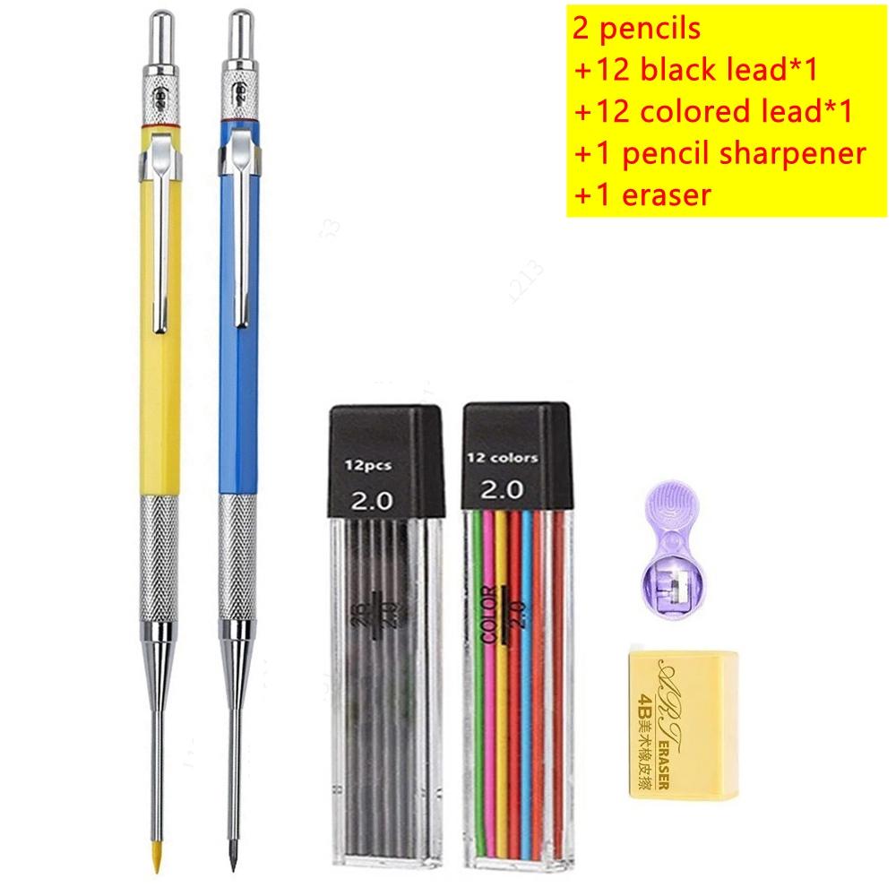 30mm Deep Hole Long Nib Mechanical Pencil Set Solid Carpenter Woodworking Tools 2.0mm 12 Colors Refill Construction Tools