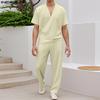 INCERUN Two Pieces Outfits Men V Neck Texture Short Sleeve Shirt Long Straight Pants Sets