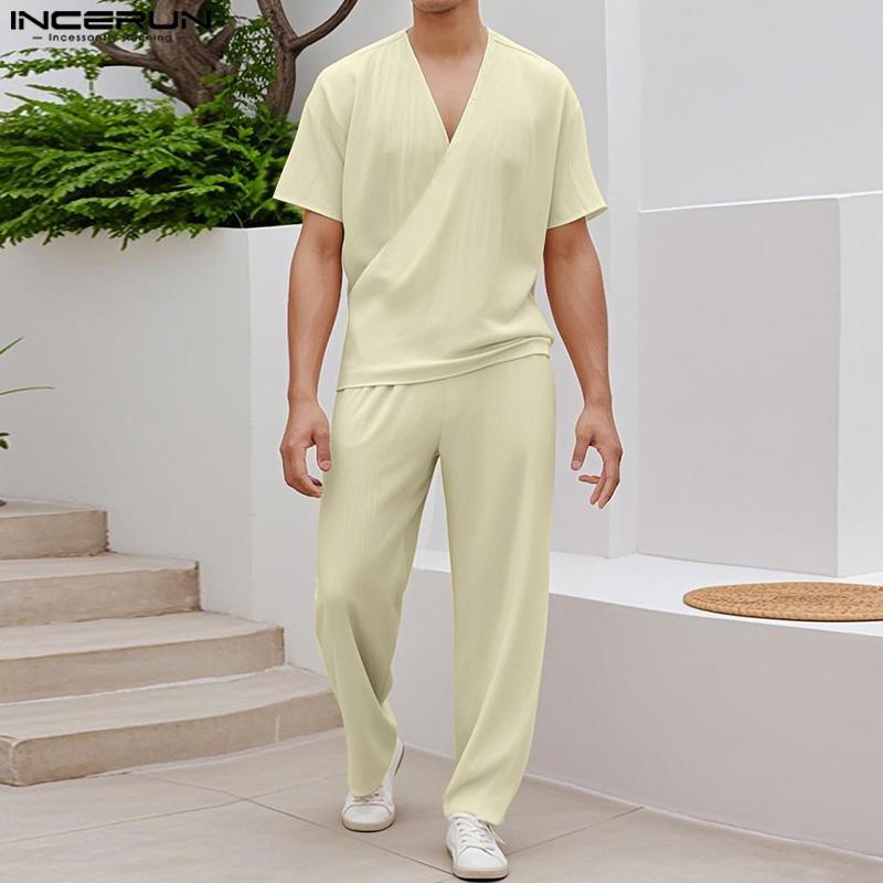 INCERUN Conjuntos de dos piezas para hombre con camisa de manga corta con textura y cuello en V y pantalones largos rectos