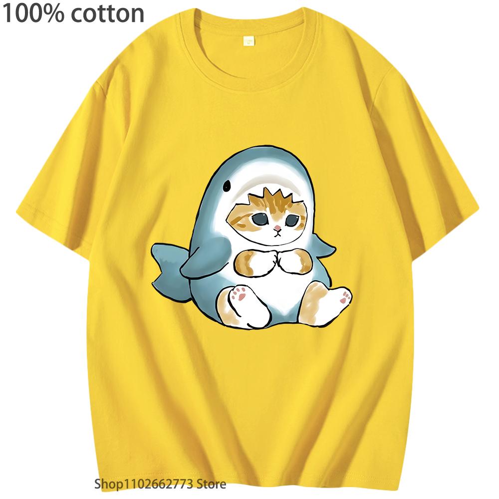 Loviness Katzenhai T-Shirts für Mädchen Niedliche Katzen Print T-Shirt 100% Baumwolle Sommer Rundhals T-Shirts Ästhetisch Kurzarm