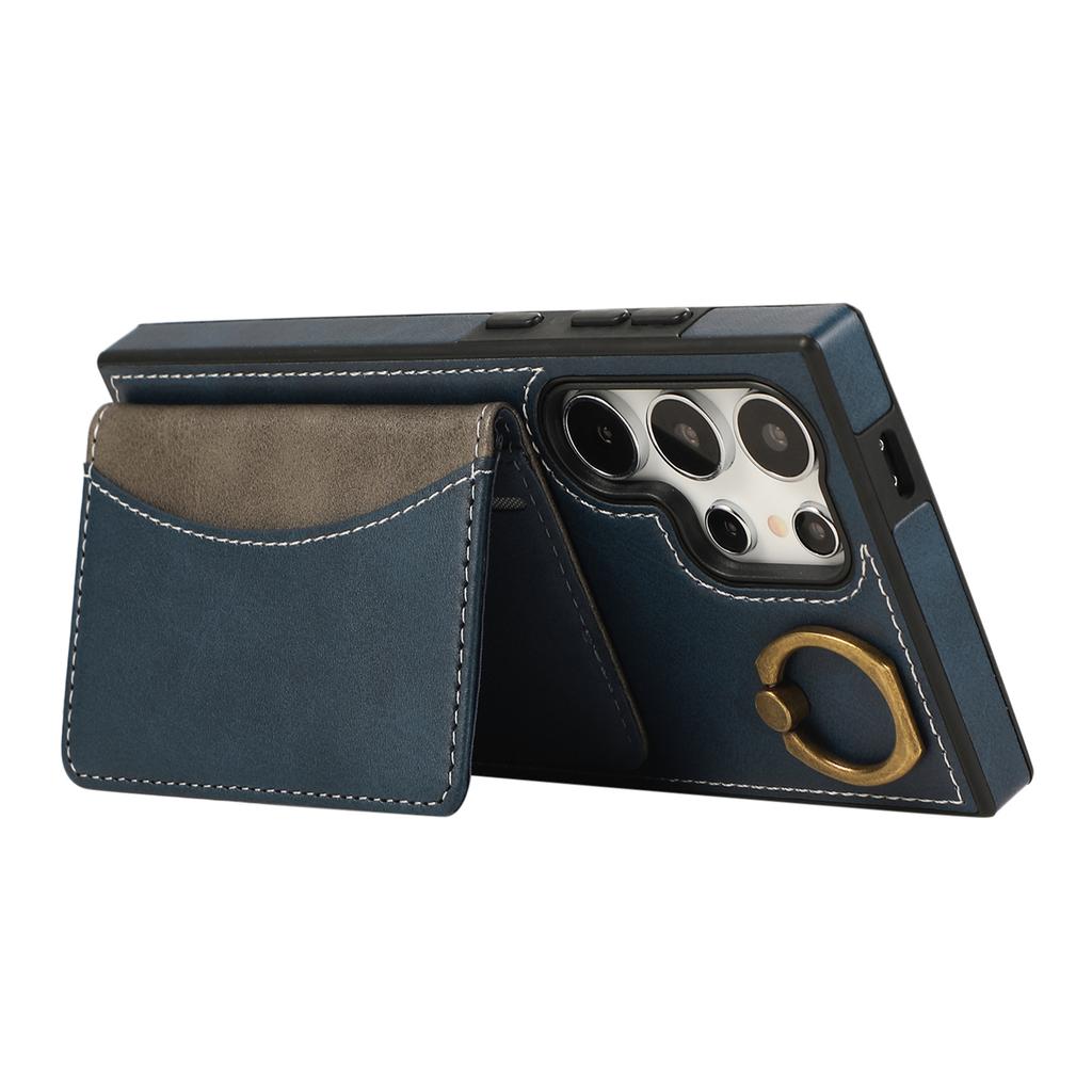 For Samsung Galaxy S24 Ultra PU Leather Back Case Card Holder Kickstand Phone Cover with Wrist Strap