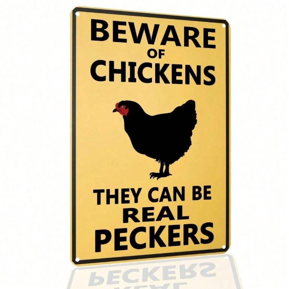 Funny Beware Of Chickens Tin Sign Retro Farmhouse Metal Plaque Outdoor Garden Wall Decor