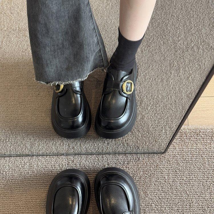 Britischer Stil kleine Lederschuhe Damen Frühling 2025 neu Muffin dicksohlig runde Zehe vielseitige Klettverschluss schwarze Slipper