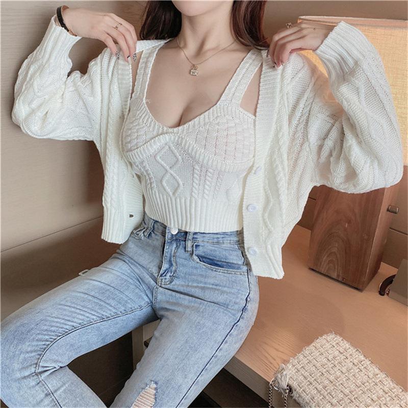 

Весенне-осенний свитер-жакет с мягким ворсом, с V-образным вырезом, с милым дизайном, нишевый, короткий, вязаный свитер-двойка Average size 57-101 белый