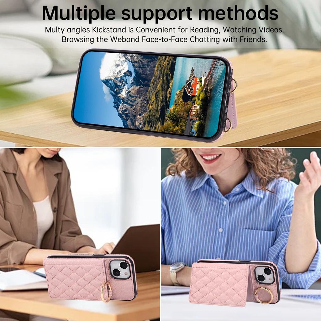 Für iPhone 15 Hülle Ständer Raute Leder+TPU Handyhülle mit Schultergurt