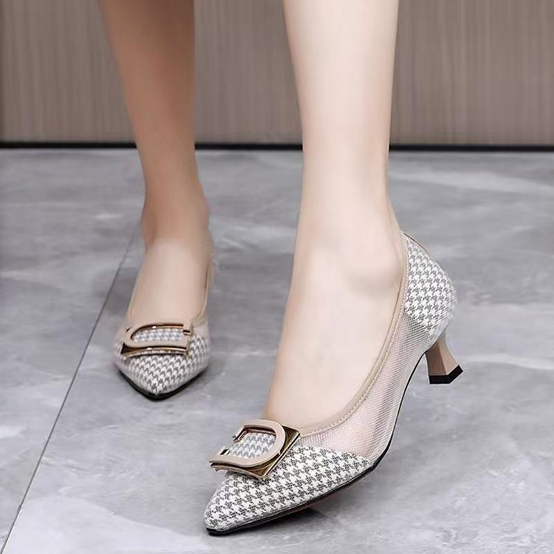 Fashion Women High Heels Pumps Pointed Toe Shallow Heels Women Chunky Heels Slip-on Office Work Shoes Women Fashion Mesh Designer Shoes