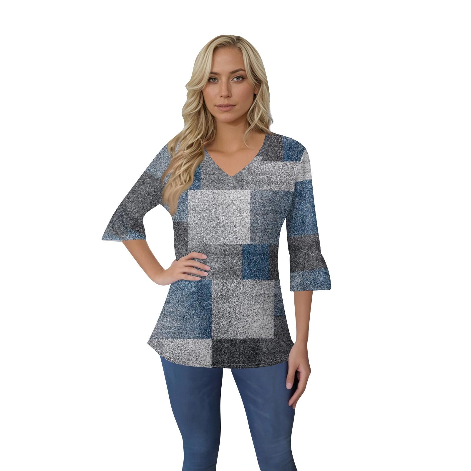 

Женский повседневный топ с рукавами 3/4, летняя футболка с v-образным вырезом и пышными рукавами L синий