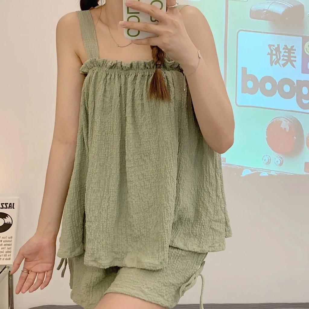 Pajama Women's Summer Two Pieces Short Pajamas Suspenders Thin Sweet Cute Gilrs Homewear with Sleeveless Loose Soft Home Clothing