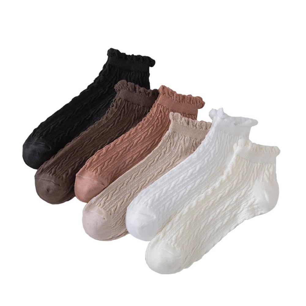 

6 Pairs Set Ankle Socks For Women Cotton Cable Knit Ruffle Socks Low Cut Breathable Casual Girls Spring Summer Socks One Size