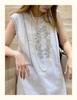 3816 Women's Summer Sleeveless Dress - Elegant White Cotton Linen with Unique Heavy Embroidery