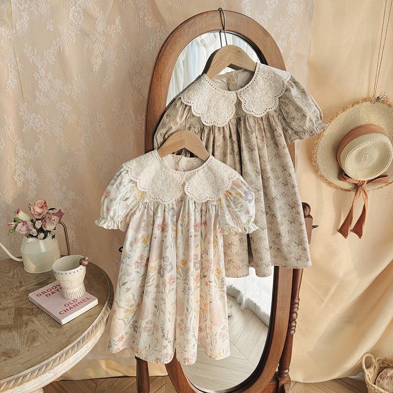 2026 Summer French Cartoon Print Lace Collar Girls' Princess Dress - Short Sleeve