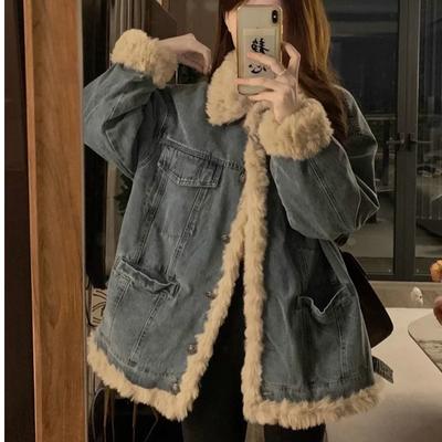 Japanese Retro Lamb Woolen Denim Jacket for Women New Autumn and Winter Style Lamb Wool Winter Thick Cotton Clothing