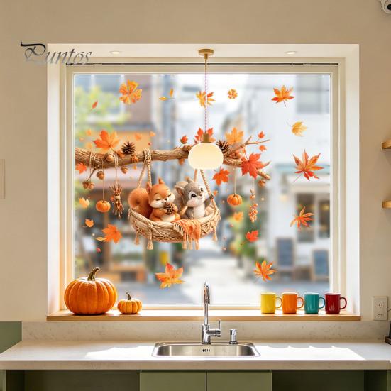 Seasonal Window Films 2Pcs Fall Maple Leaves Animals Static Stickers, Autumn Squirrel/Hedgehog/Rabbit/Raccoon Glass Removable Decor PVC Waterproof