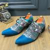 Luxury Designer Mens Dress Shoes Men Male Charm Blue Suede Pattern Patchwork Monk Strap Shoes Men Formal Wedding Loafers