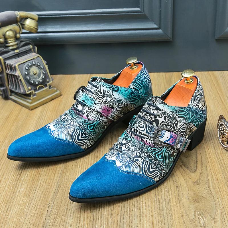 Luxury Designer Mens Dress Shoes Men Male Charm Blue Suede Pattern Patchwork Monk Strap Shoes Men Formal Wedding Loafers